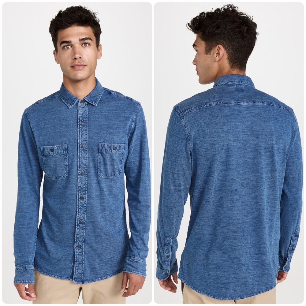 Faherty Mens Knit Seasons Indigo Wash Coastal Casual Cotton Button Up Shirt L